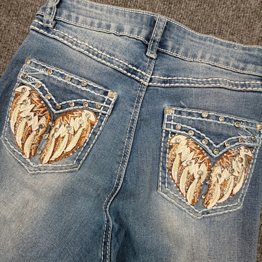 H&Y Fashion Flare Jeans Womens 3/4 (24) Blue Angel Wing Rhinestone‎ Raw Hem Y2K